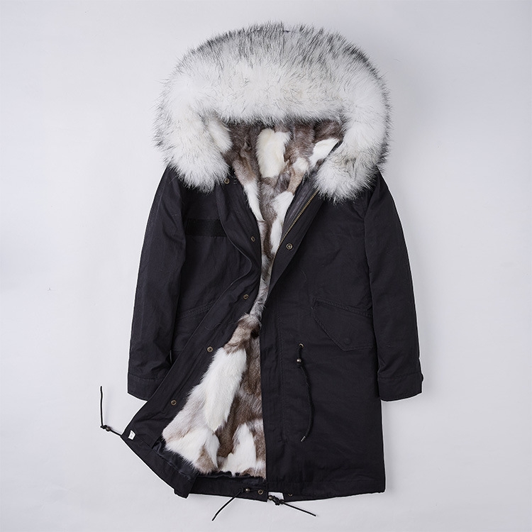 Detachable Fox Fur Liner Parka with Raccoon Fur Trimmed Hood 251 Black-White