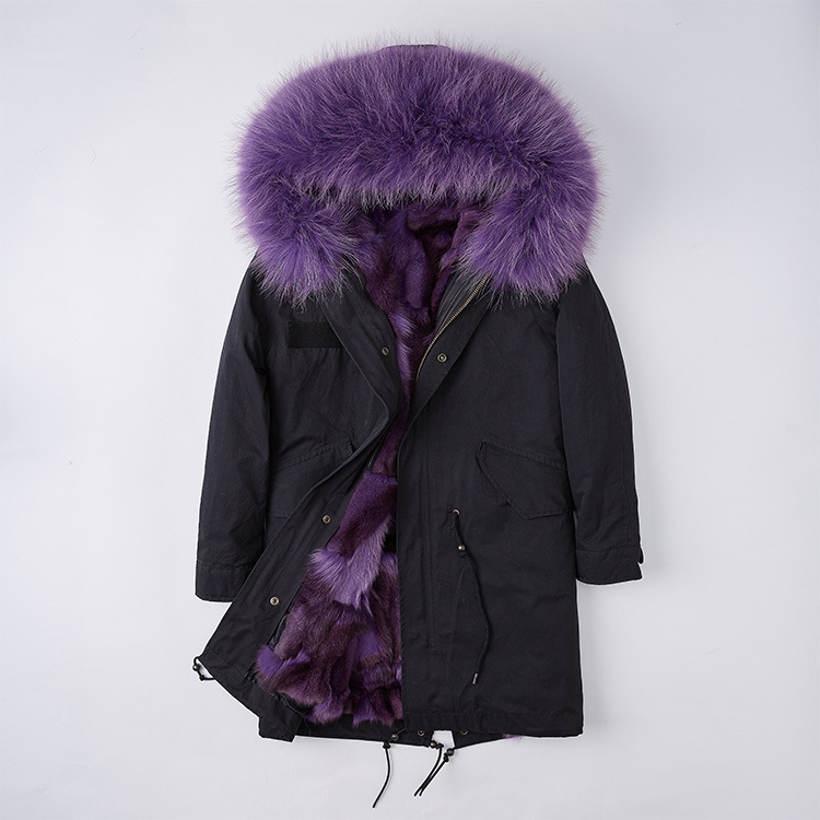 Detachable Fox Fur Liner Parka with Raccoon Fur Trimmed Hood 251 Black-Purple