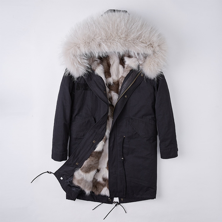 Detachable Fox Fur Liner Parka with Raccoon Fur Trimmed Hood 251 Black-Beige