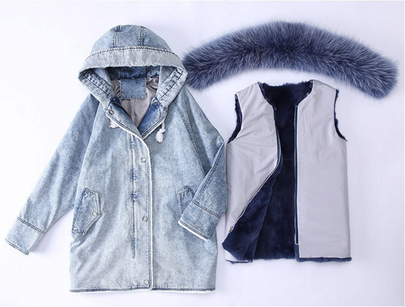 Fox Fur Trimming Hooded Parka with Detachable Rex Rabbit Fur Liner 937 Details 1