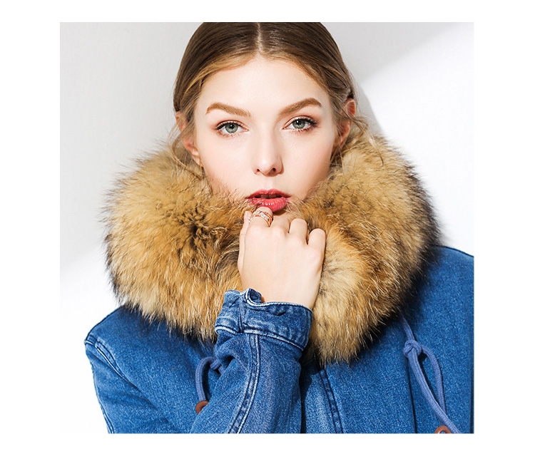 Raccoon Fur Trimmed Hooded Denim Parka with Detachable Mink Fur Liner 0066-3