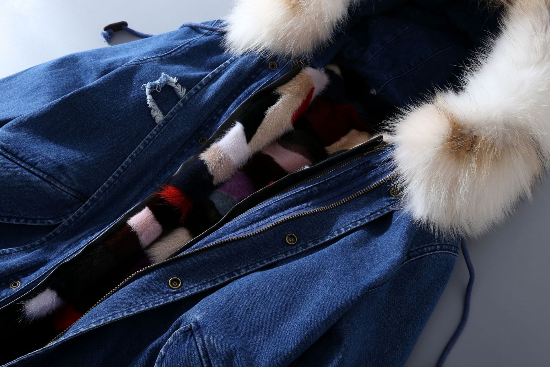 Raccoon Fur Trimmed Hooded Denim Parka with Detachable Mink Fur Liner 0066-12