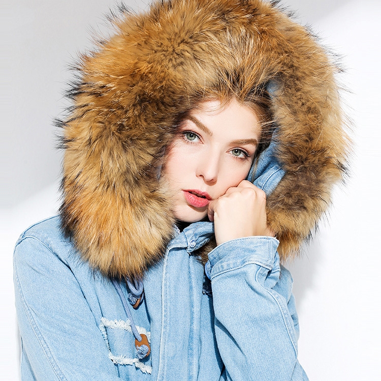Raccoon Fur Trimmed Hooded Denim Parka with Detachable Mink Fur Liner 0066-1