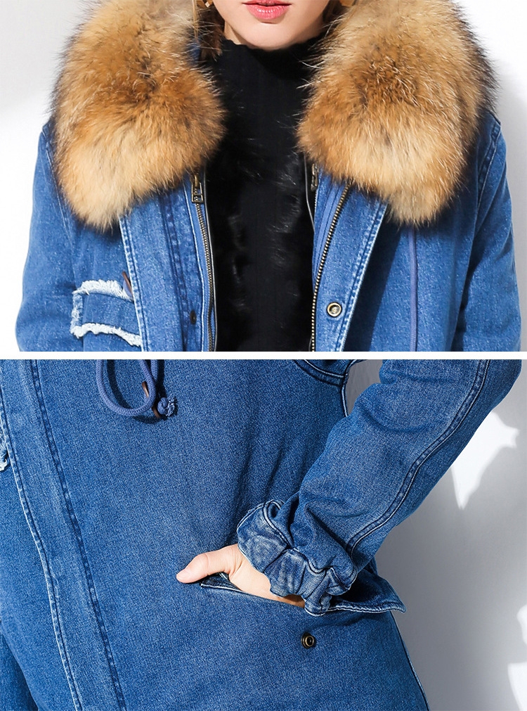 Raccoon Fur Trimmed Hooded Denim Parka with Detachable Mink Fur Liner 0066-4