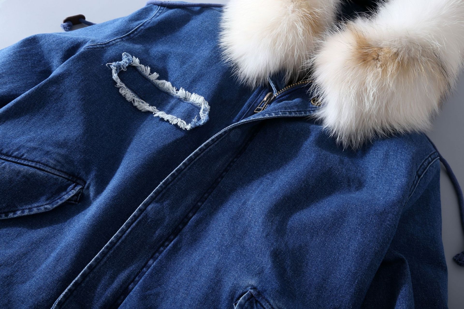 Raccoon Fur Trimmed Hooded Denim Parka with Detachable Mink Fur Liner 0066-15