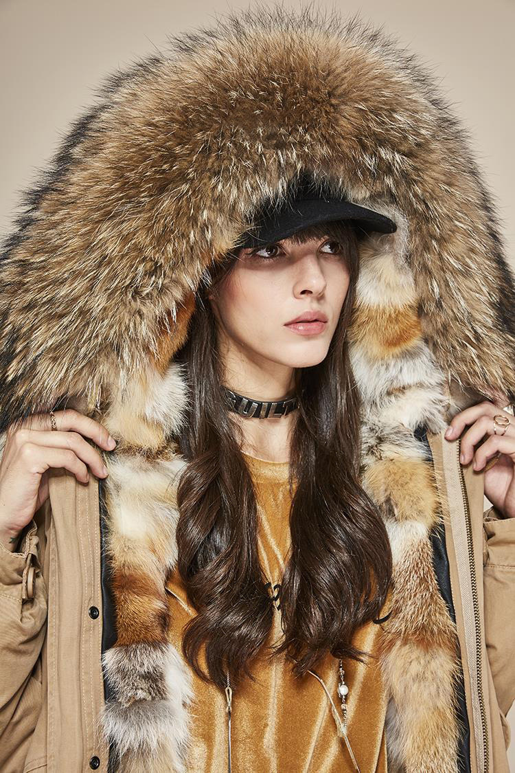 Raccoon Fur Trimmed Hooded Parka with Detachable Fox Fur Liner 113 Details 7