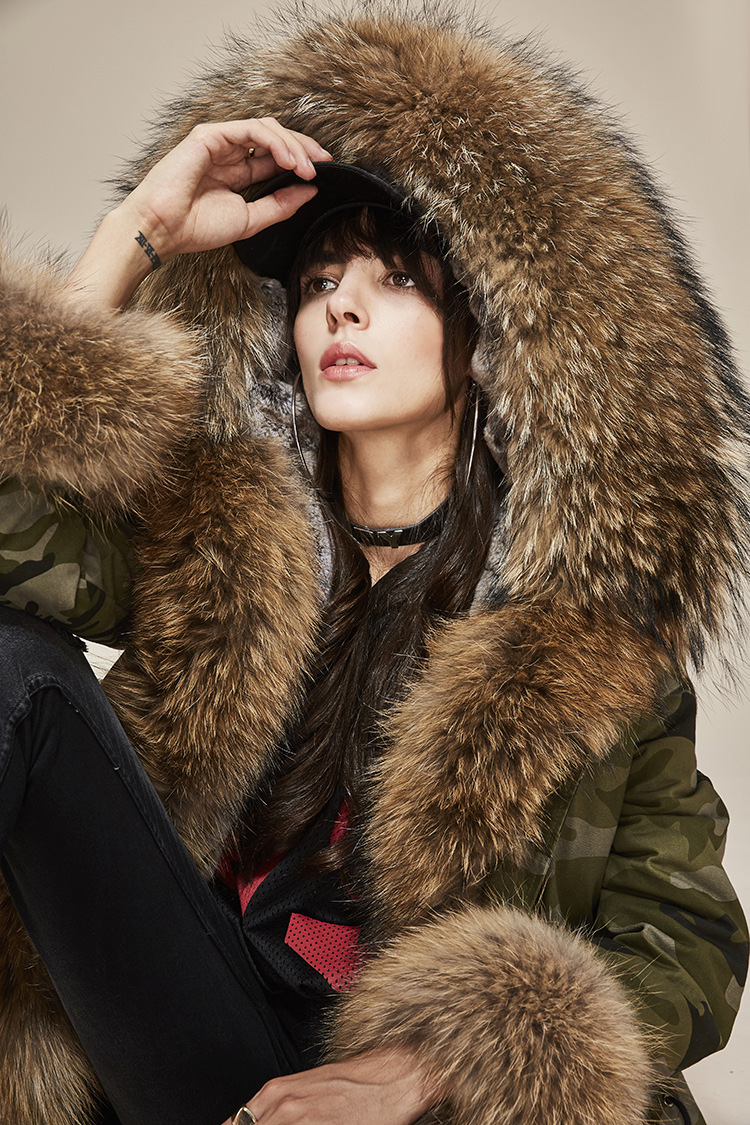 Raccoon Fur Trimmed Hooded Parka with Detachable Rex Rabbit Fur Liner 115 Details 4