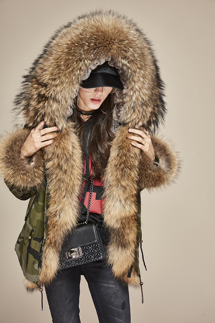 Raccoon Fur Trimmed Hooded Parka with Detachable Rex Rabbit Fur Liner 115 Details 3