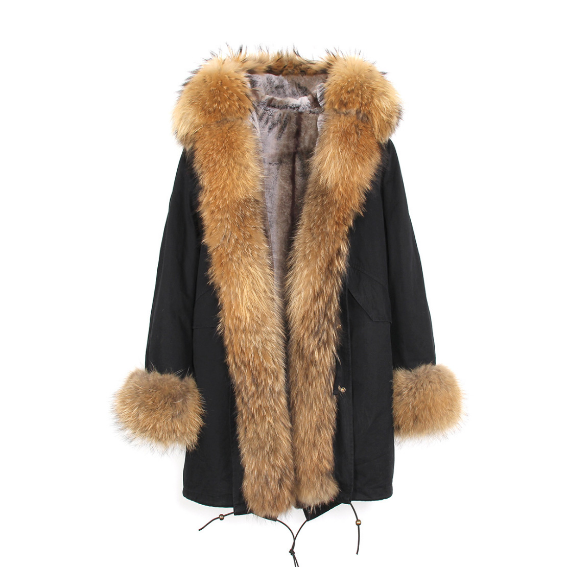 Raccoon Fur Trimmed Hooded Parka with Detachable Faux Rex Rabbit Fur Liner 122b-11