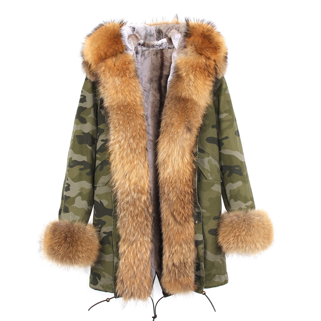 Raccoon Fur Trimmed Hooded Parka with Detachable Faux Rex Rabbit Fur Liner 122b-10