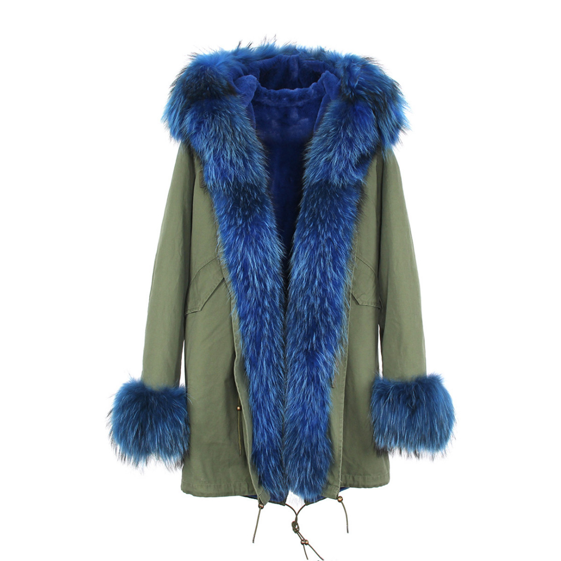 Raccoon Fur Trimmed Hooded Parka with Detachable Faux Rex Rabbit Fur Liner 122b-1