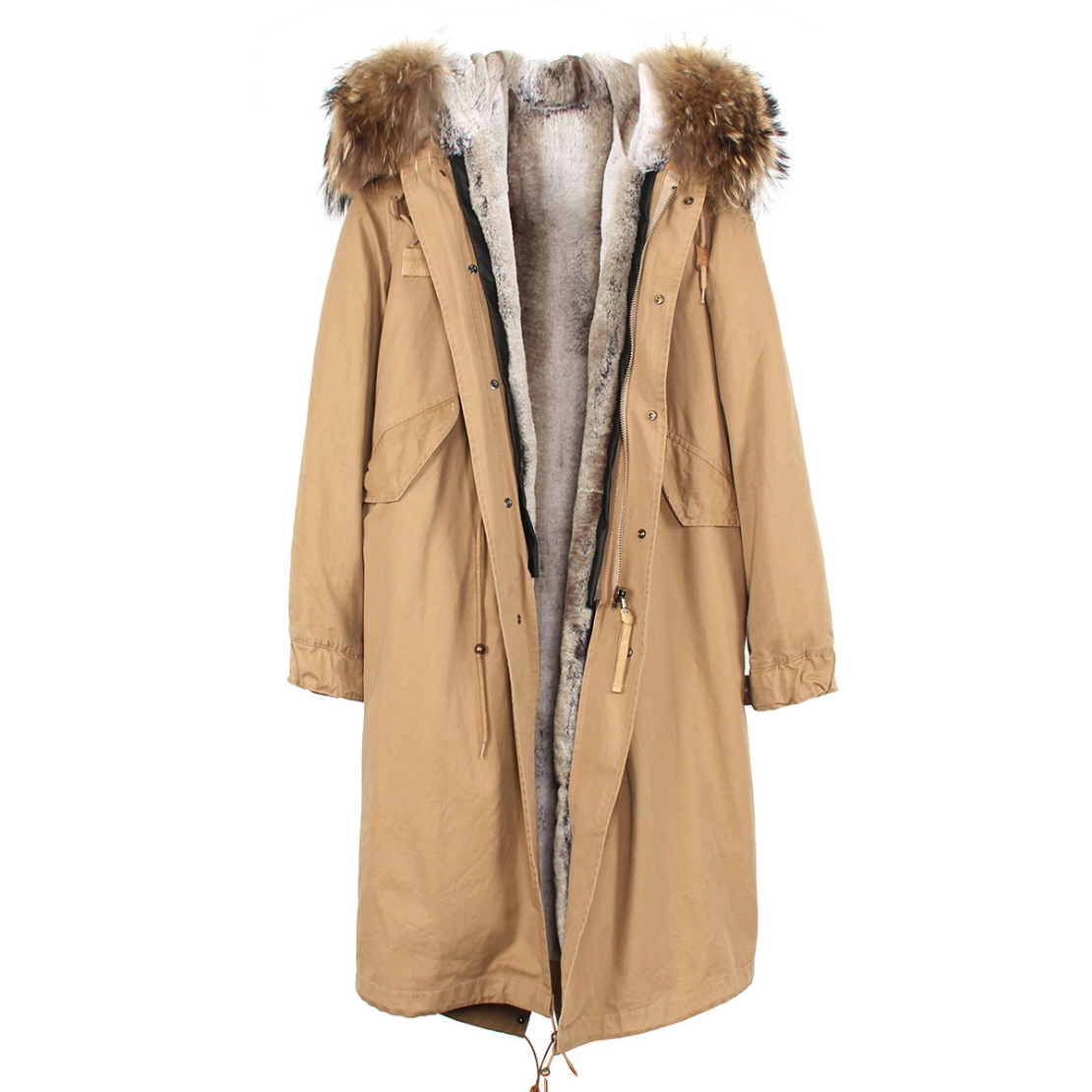 Raccoon Fur Trimmed Hooded Long Parka with Detachable Liner 123 Details 1