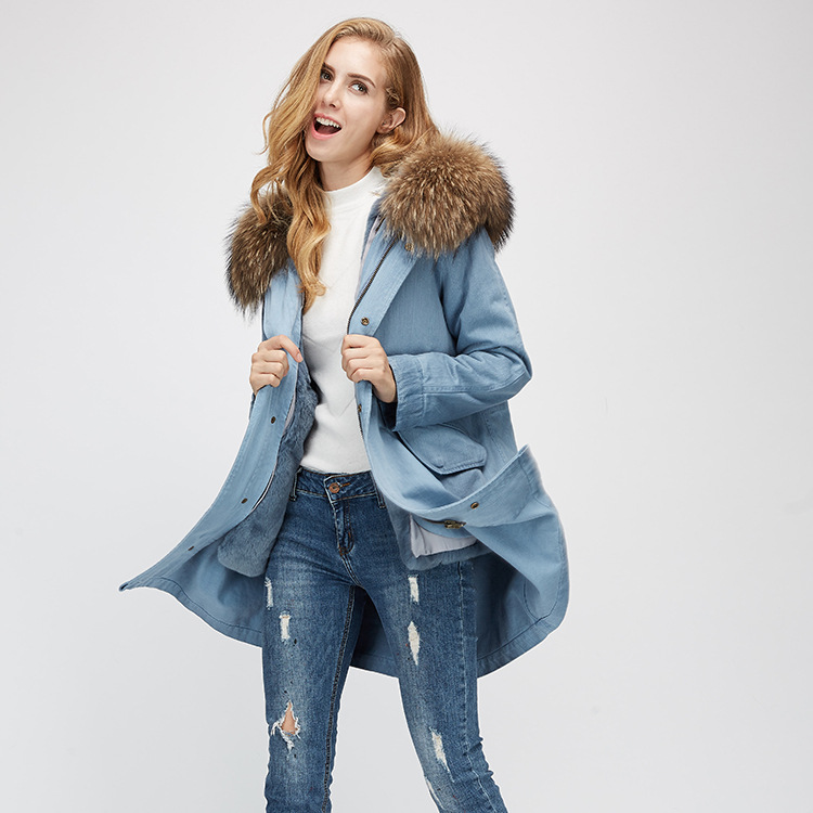 Raccoon Fur Trimming Hooded Parka with Detachable Rex Rabbit Fur Liner 939 Details 2