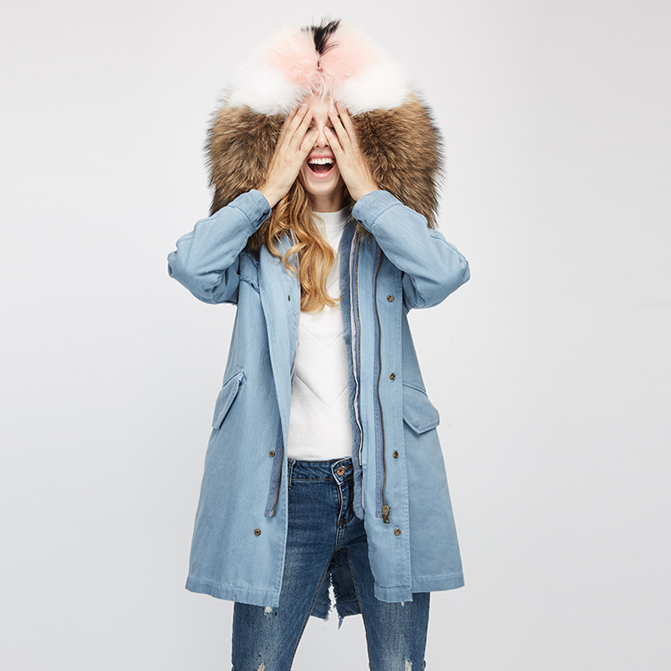 Raccoon Fur Trimming Hooded Parka with Detachable Rex Rabbit Fur Liner 939 Details 6