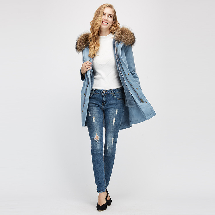 Raccoon Fur Trimming Hooded Parka with Detachable Rex Rabbit Fur Liner 939 Details 1