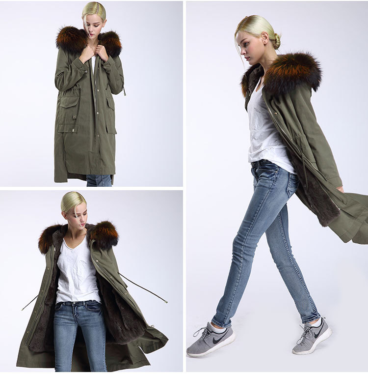 Raccoon Fur Trimming Hooded Parka with Detachable Rex Rabbit Fur Liner 945 Details 12