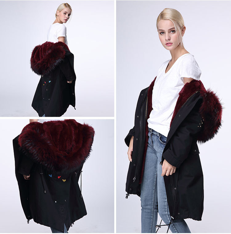 Raccoon Fur Trimming Hooded Parka with Detachable Rex Rabbit Fur Liner 947 Details 8