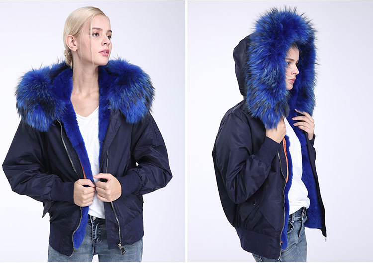 Raccoon Fur Trimming Hooded Bomber Jacket with Detachable Rex Rabbit Fur Liner 948 Details 6