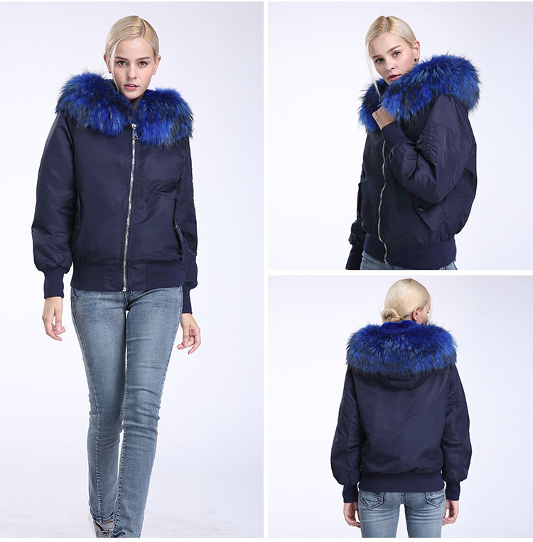 Raccoon Fur Trimming Hooded Bomber Jacket with Detachable Rex Rabbit Fur Liner 948 Details 7