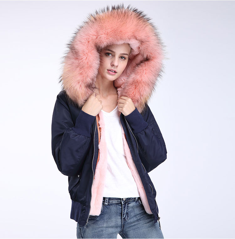 Raccoon Fur Trimming Hooded Bomber Jacket with Detachable Rex Rabbit Fur Liner 948 Details 12