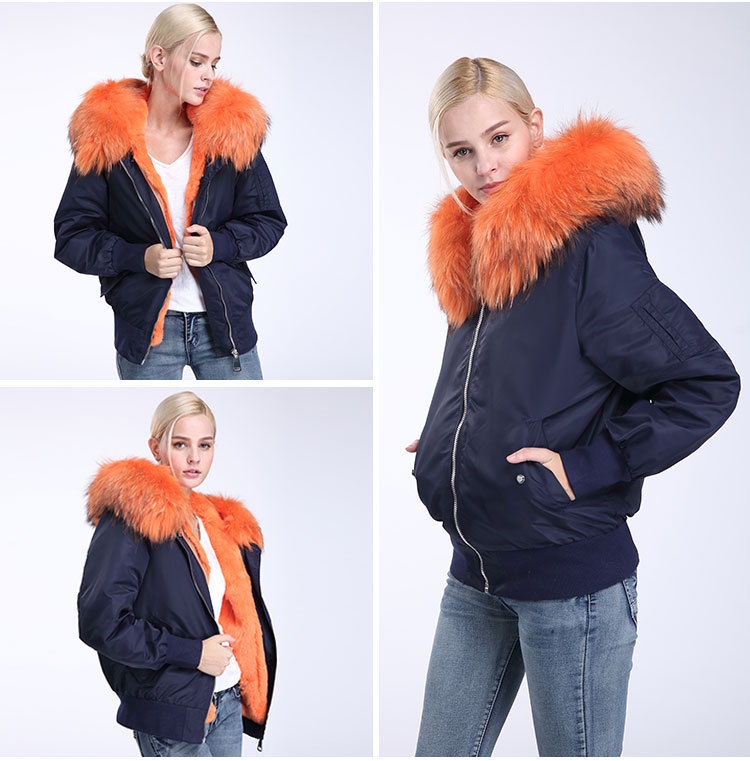 Raccoon Fur Trimming Hooded Bomber Jacket with Detachable Rex Rabbit Fur Liner 948 Details 11