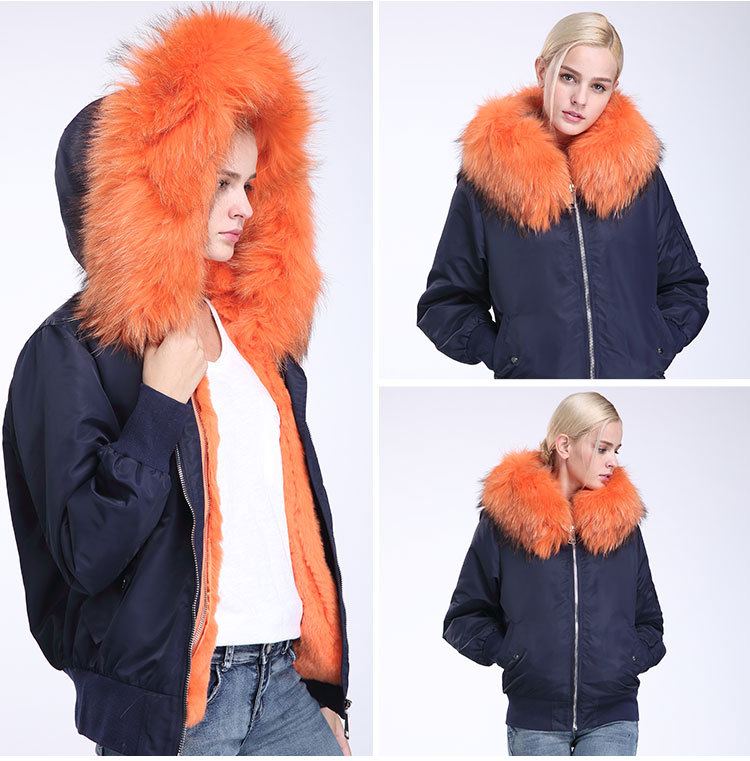 Raccoon Fur Trimming Hooded Bomber Jacket with Detachable Rex Rabbit Fur Liner 948 Details 10
