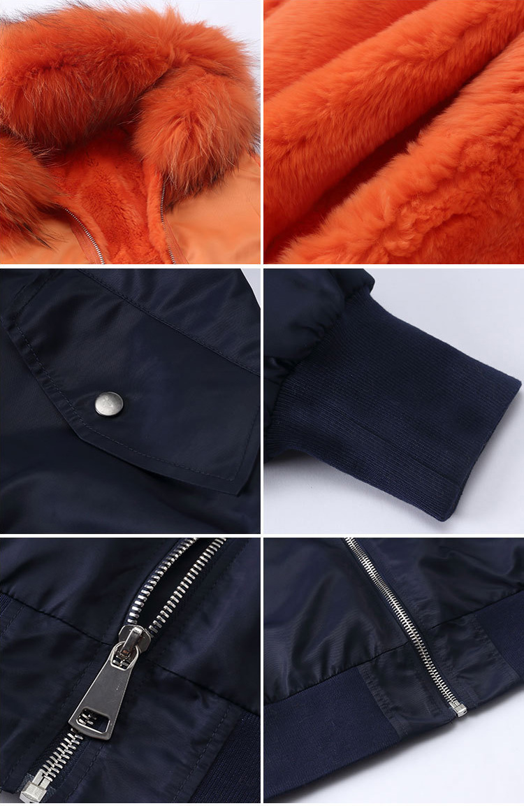 Raccoon Fur Trimming Hooded Bomber Jacket with Detachable Rex Rabbit Fur Liner 948 Details 4