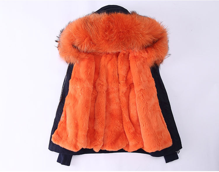 Raccoon Fur Trimming Hooded Bomber Jacket with Detachable Rex Rabbit Fur Liner 948 Details 2