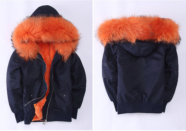 Raccoon Fur Trimming Hooded Bomber Jacket with Detachable Rex Rabbit Fur Liner 948 Details 3