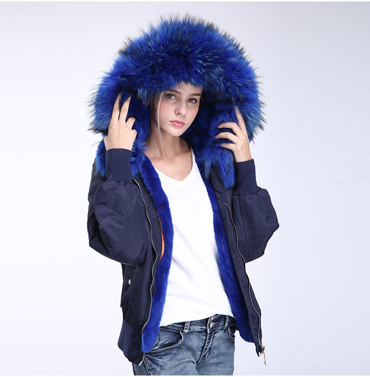 Raccoon Fur Trimming Hooded Bomber Jacket with Detachable Rex Rabbit Fur Liner 948 Details 5