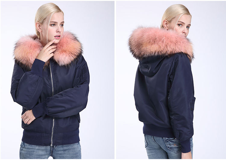 Raccoon Fur Trimming Hooded Bomber Jacket with Detachable Rex Rabbit Fur Liner 948 Details 13