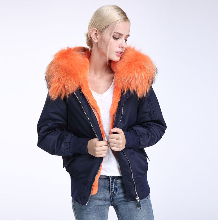 Raccoon Fur Trimming Hooded Bomber Jacket with Detachable Rex Rabbit Fur Liner 948 Details 8