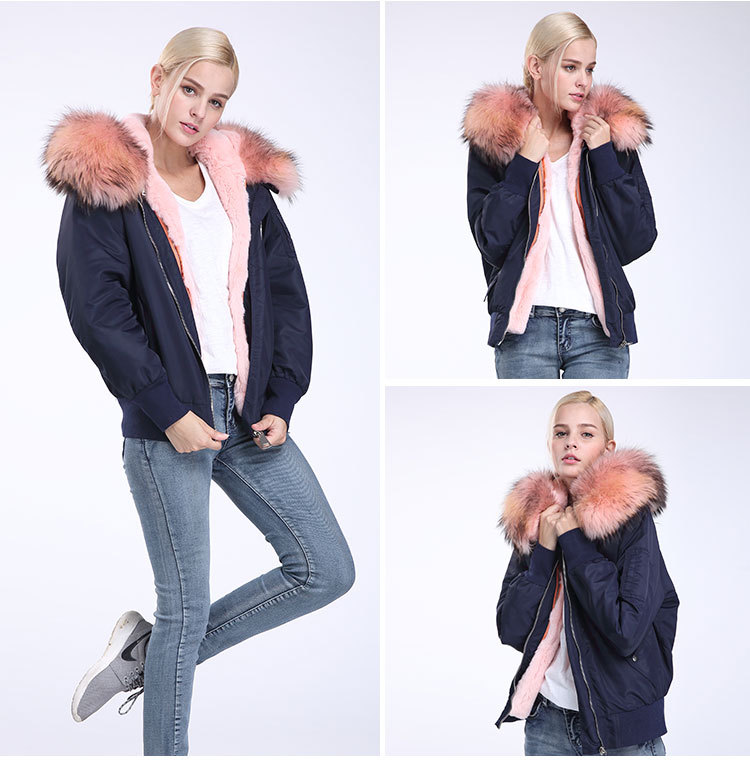 Raccoon Fur Trimming Hooded Bomber Jacket with Detachable Rex Rabbit Fur Liner 948 Details 14