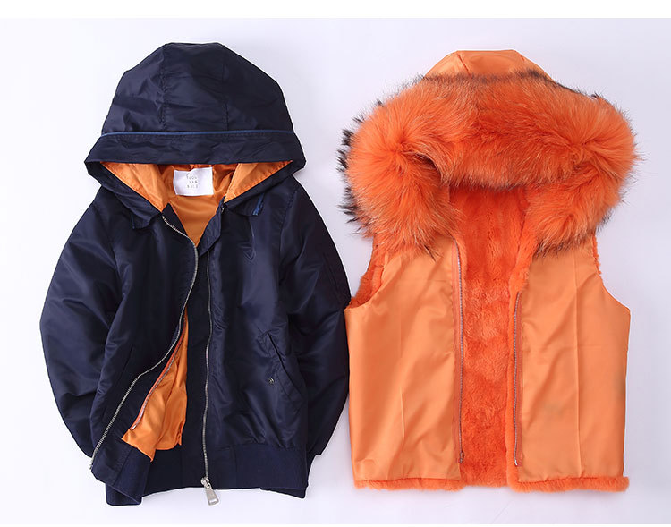 Raccoon Fur Trimming Hooded Bomber Jacket with Detachable Rex Rabbit Fur Liner 948 Details 1