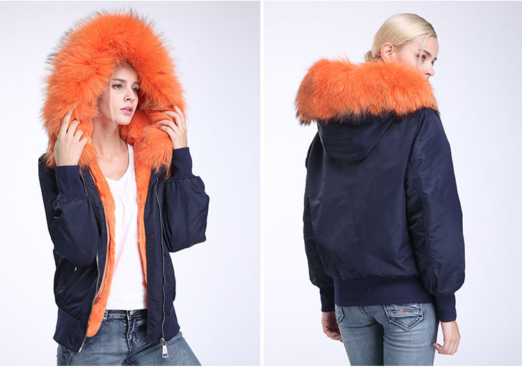 Raccoon Fur Trimming Hooded Bomber Jacket with Detachable Rex Rabbit Fur Liner 948 Details 9