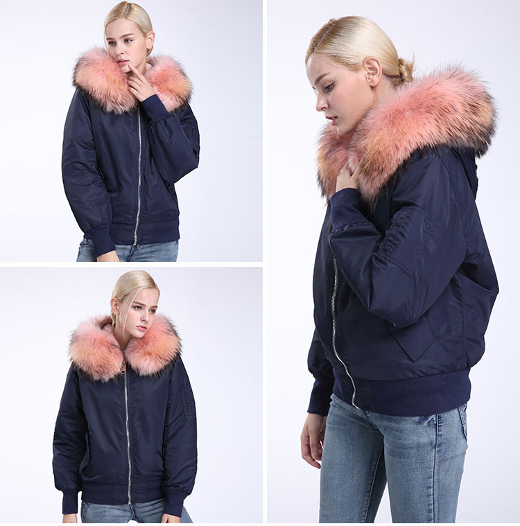 Raccoon Fur Trimming Hooded Bomber Jacket with Detachable Rex Rabbit Fur Liner 948 Details 15