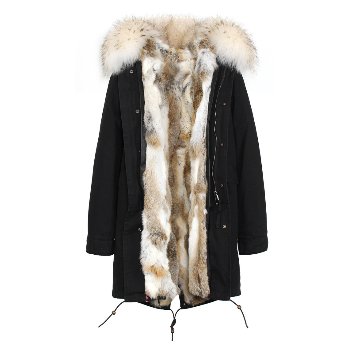 Raccoon Fur Trimmed Hooded Parka with Detachable Rex Rabbit Fur Liner 118 Details d8