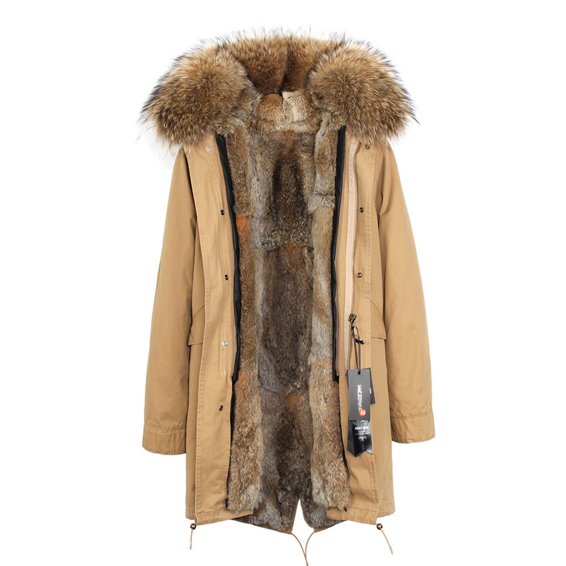 Raccoon Fur Trimmed Hooded Parka with Detachable Rex Rabbit Fur Liner 118 Details e1