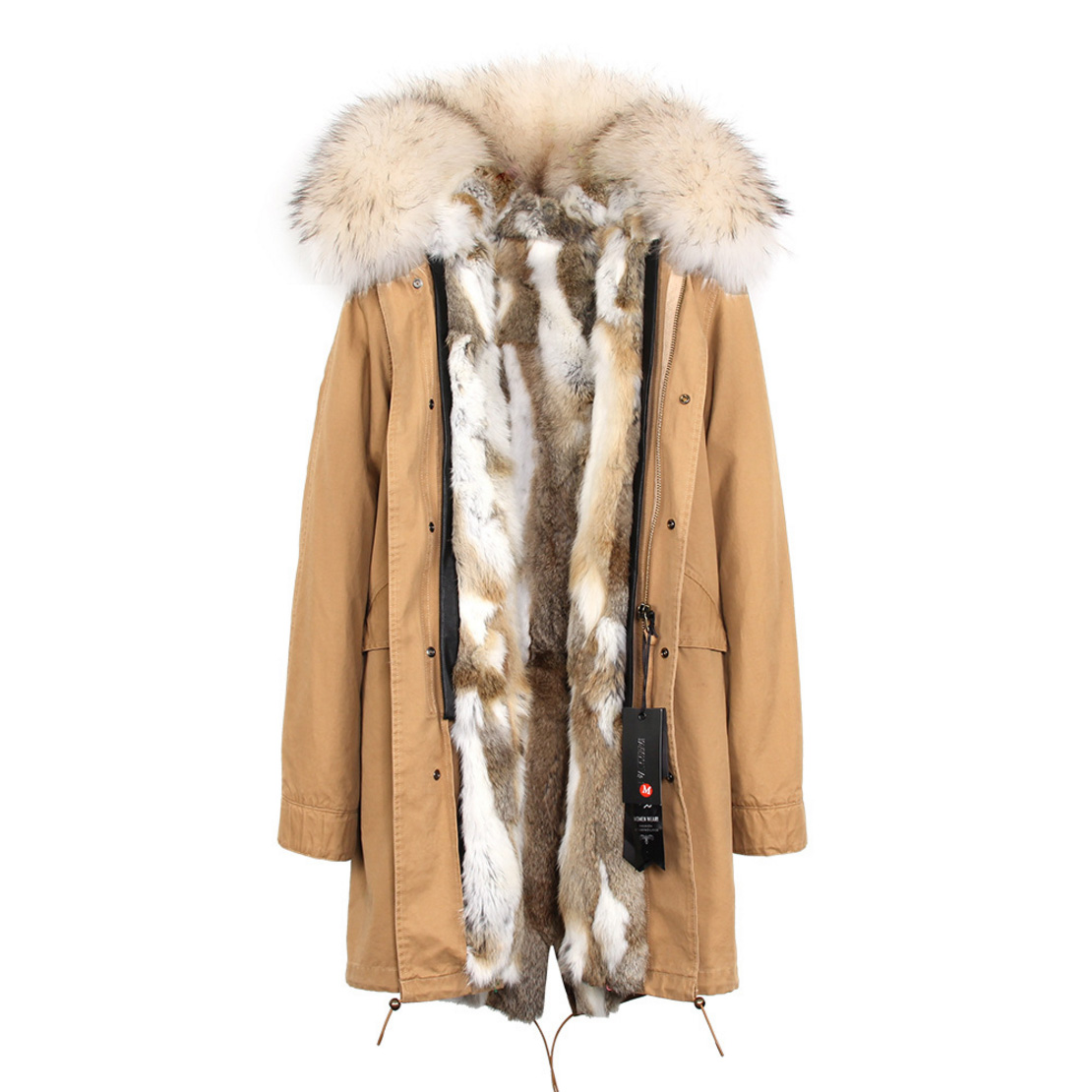 Raccoon Fur Trimmed Hooded Parka with Detachable Rex Rabbit Fur Liner 118 Details d4