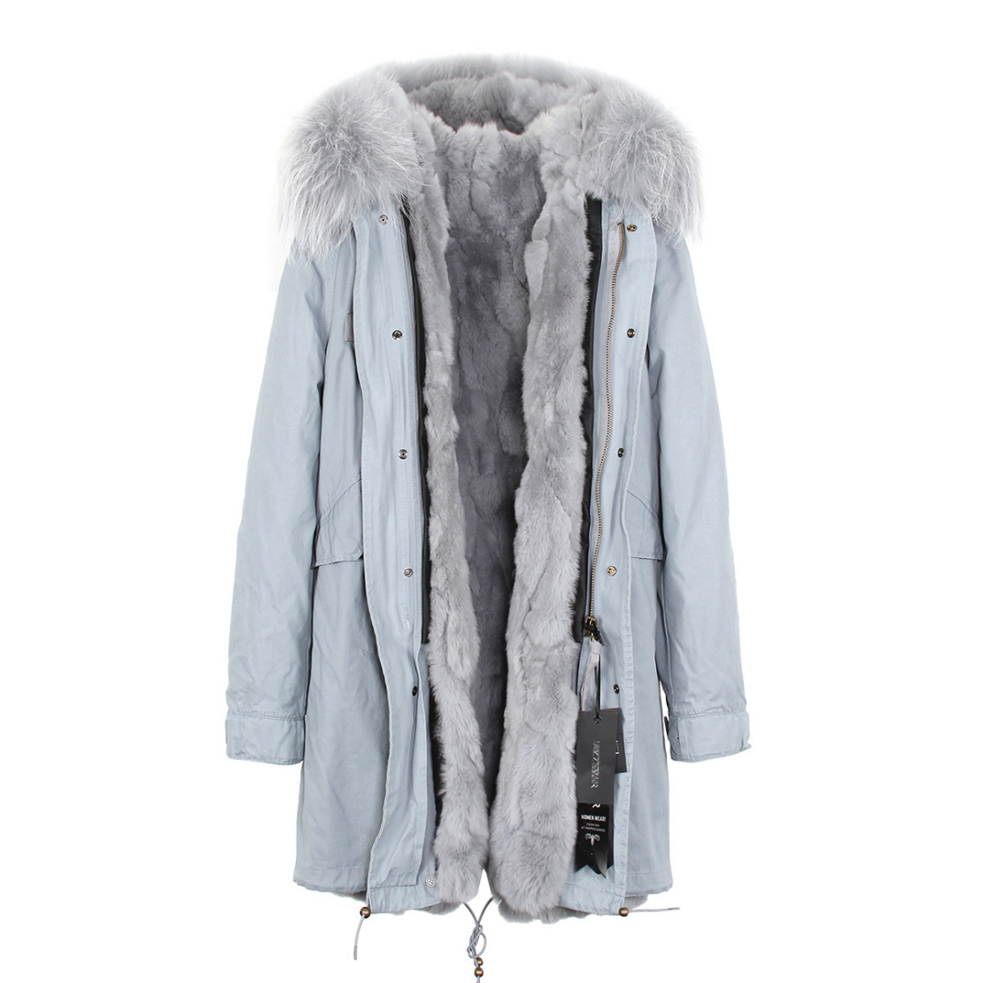 Raccoon Fur Trimmed Hooded Parka with Detachable Rex Rabbit Fur Liner 118 Details a1