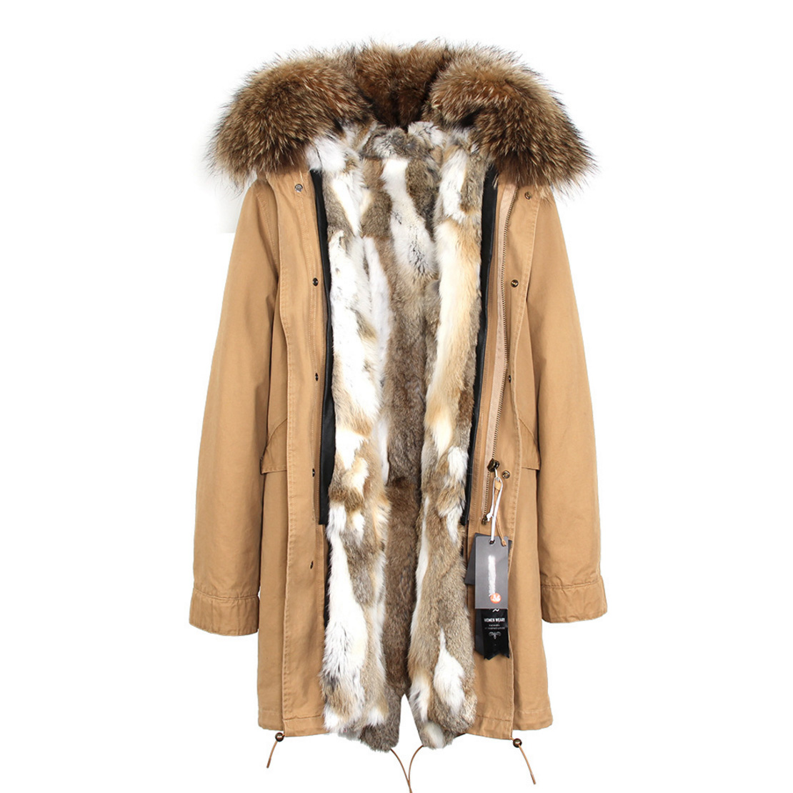 Raccoon Fur Trimmed Hooded Parka with Detachable Rex Rabbit Fur Liner 118 Details d3