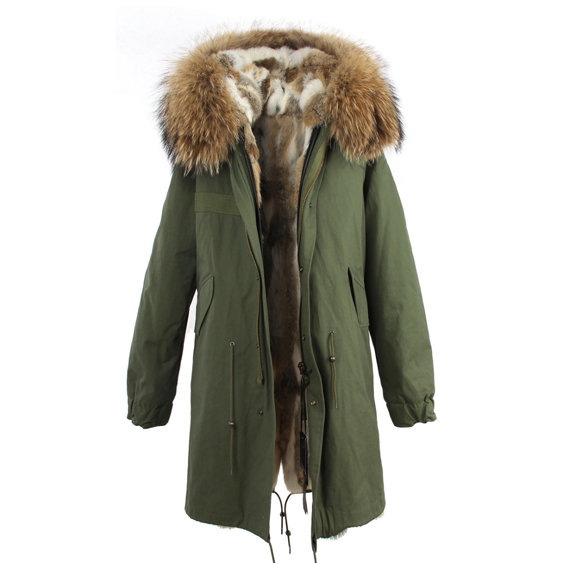 Raccoon Fur Trimmed Hooded Parka with Detachable Rex Rabbit Fur Liner 118 Details d6