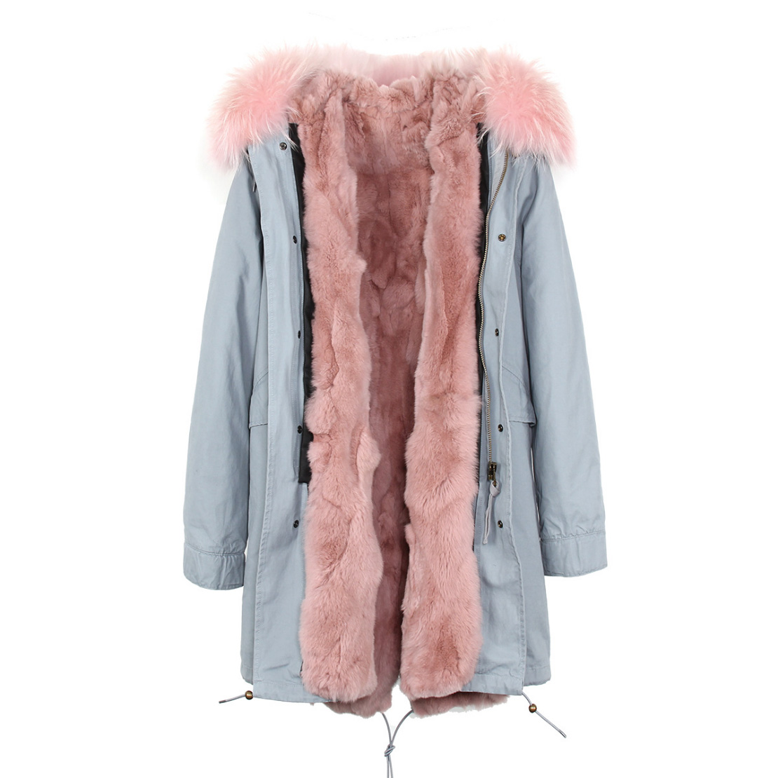 Raccoon Fur Trimmed Hooded Parka with Detachable Rex Rabbit Fur Liner 118 Details b1