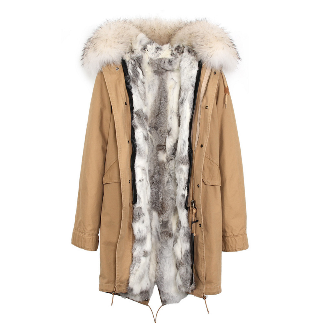 Raccoon Fur Trimmed Hooded Parka with Detachable Rex Rabbit Fur Liner 118 Details c4