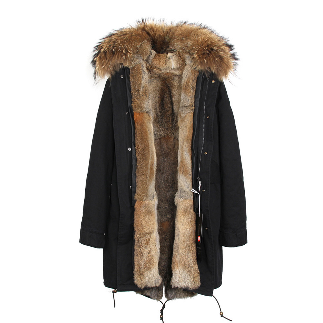 Raccoon Fur Trimmed Hooded Parka with Detachable Rex Rabbit Fur Liner 118 Details e2
