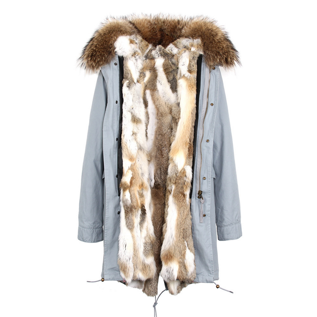 Raccoon Fur Trimmed Hooded Parka with Detachable Rex Rabbit Fur Liner 118 Details d2