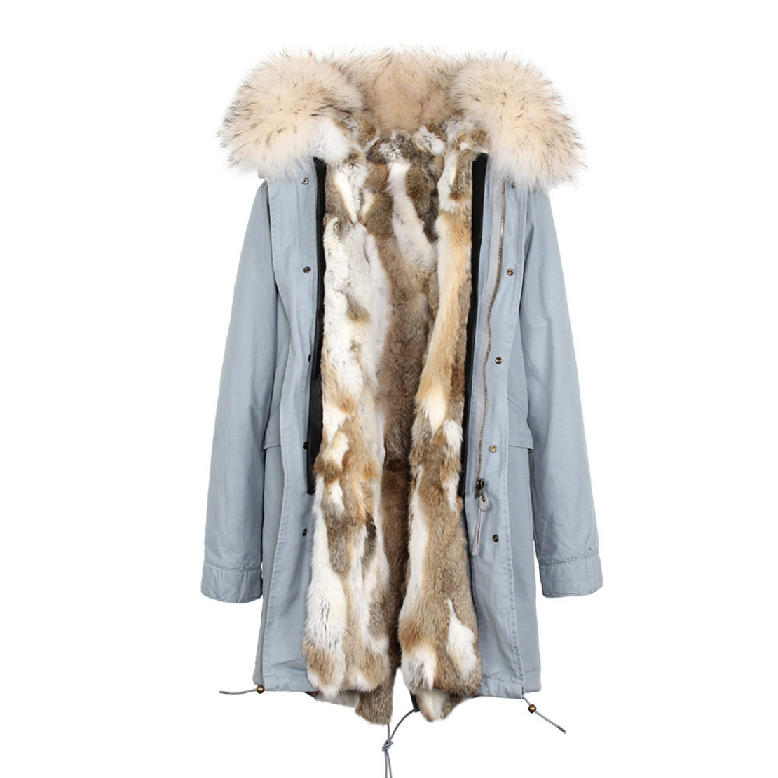 Raccoon Fur Trimmed Hooded Parka with Detachable Rex Rabbit Fur Liner 118 Details d1