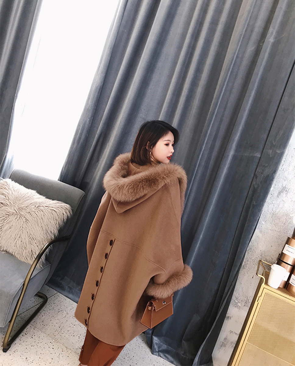Hooded Cashmere Poncho Coat with Fox Fur Trim 0055-3