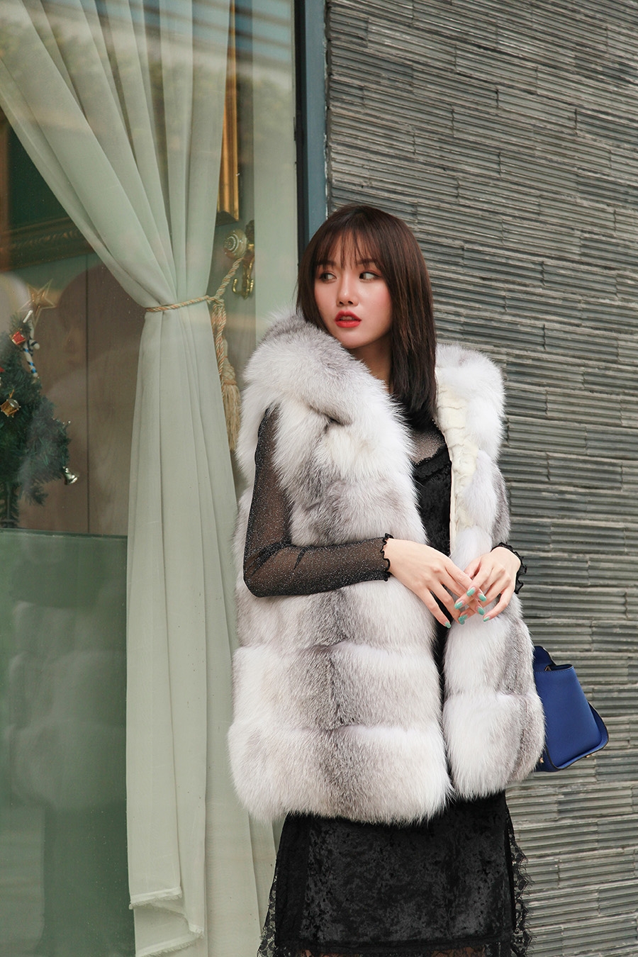 Shadow Blue Frost Fox Fur Hooded Vest 0003-6