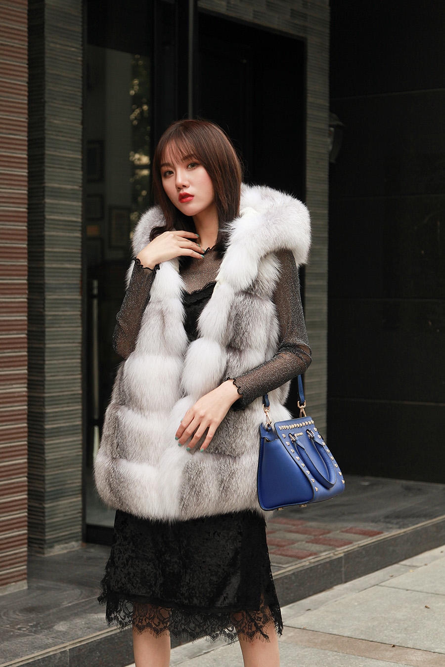 Shadow Blue Frost Fox Fur Hooded Vest 0003-7